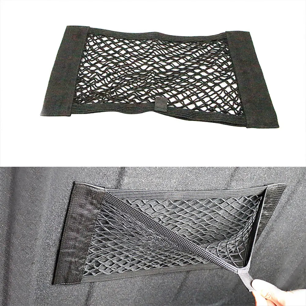Car Universal Storage Bag Back Rear Mesh Trunk Seat Elastic String Net Magic Sticker Pocket Cage Auto Organizer Seat Back Bag