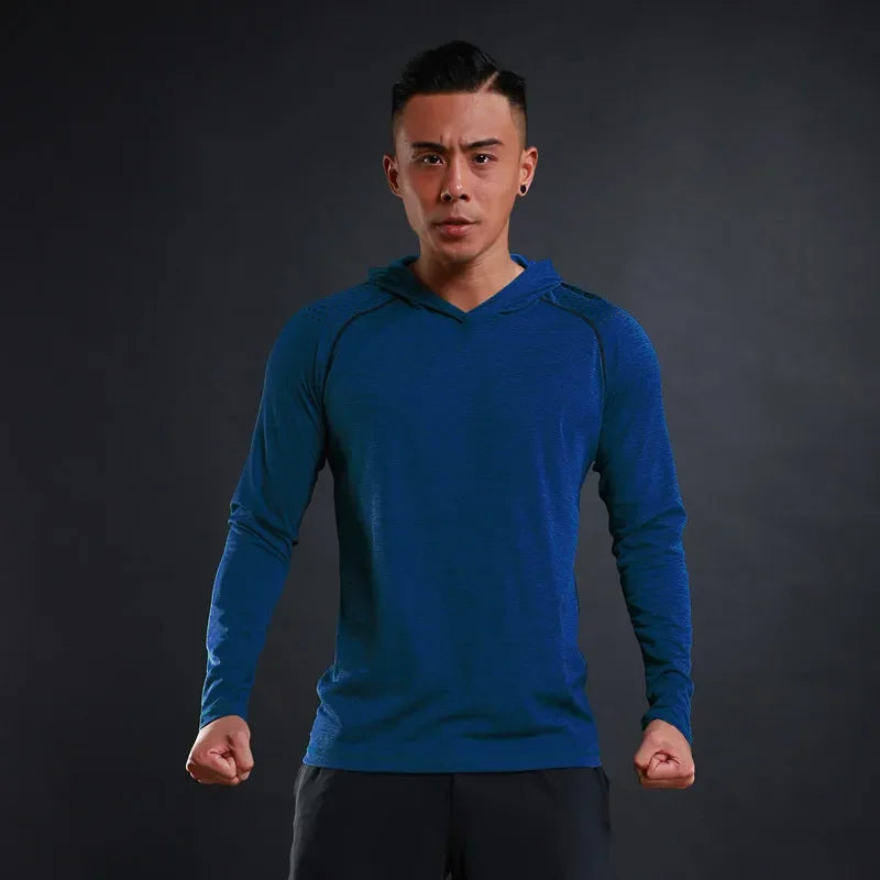 Men Elastic Hooded T Shirt Breathable Casual Gym T-Shirt Man Long Sleeve Running Tops Quick Dry Fitness T-Shirts Male Clothes