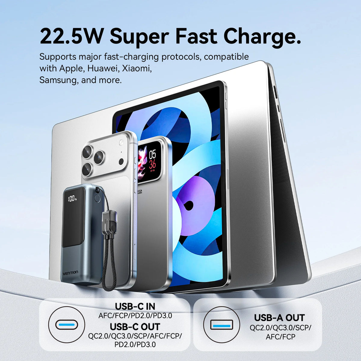 Vention 10000mAh Mini Power Bank 22.5w Portable Charger Built-in USB C Cable PD 3.0 Fast Charging for iPhone 17 Samsung S25 S24