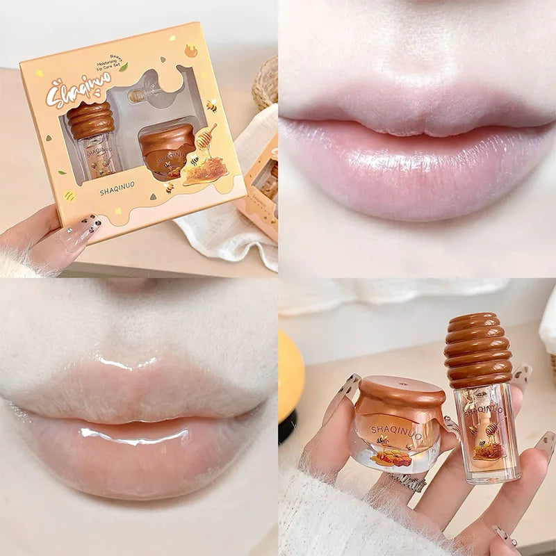 Honey moisturize lip care set moisturize, prevent dryness and crack, remove dead skin lip oil, fade lip wrinkles and lip mask