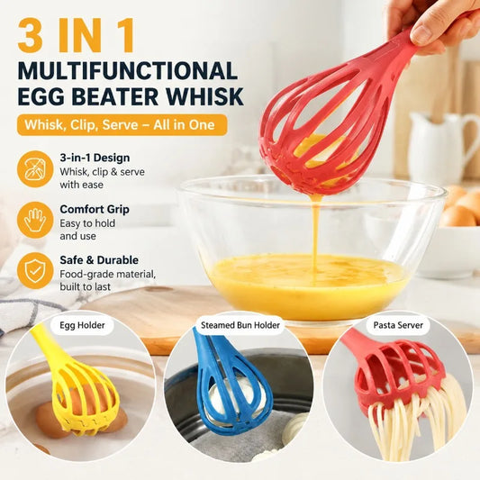 3 in 1 Multifunctional Egg Beater Whisk, Manual Baking Tool with Food Clip and Noodle Clip