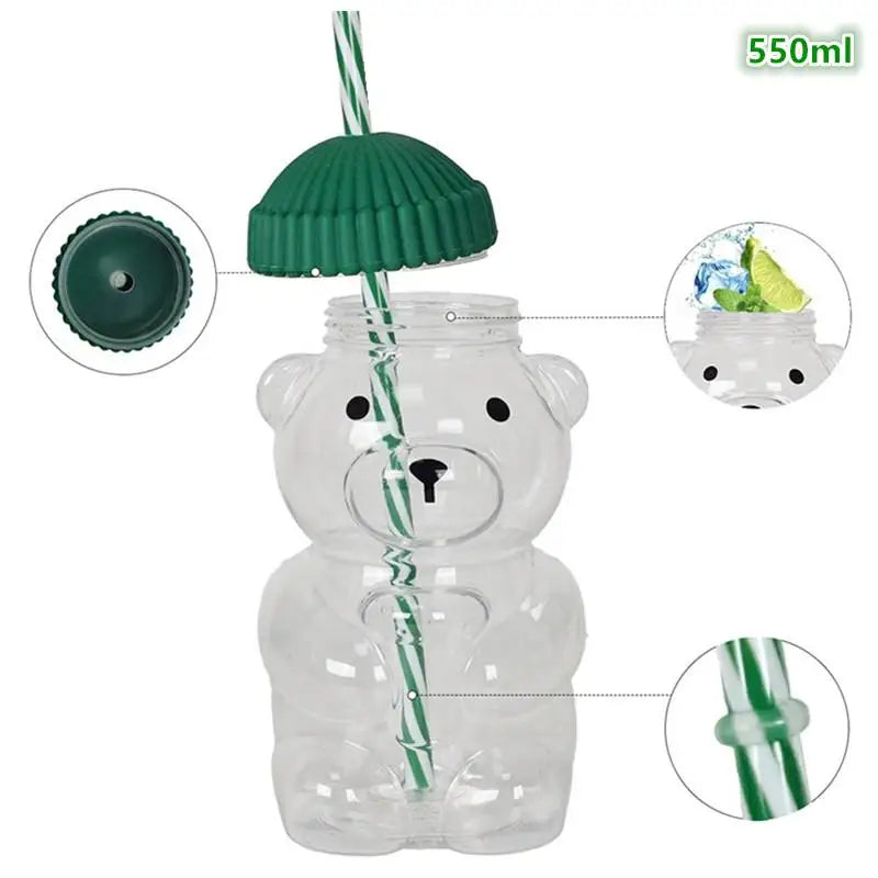 With Straw Transparent Creative Milk Coffee Water Cups 550ML Cartoon Bear Shaped Coffee Mug Cute Bear Mug PET Plastic Cup