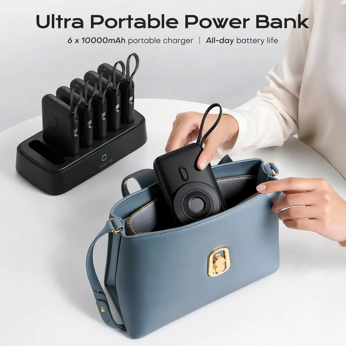 Domars Portable Power Banks with 6x10000mAh PD 22.5W Magnetic Wireless Fast Charging Station Built-in Type-C Cables With CCC
