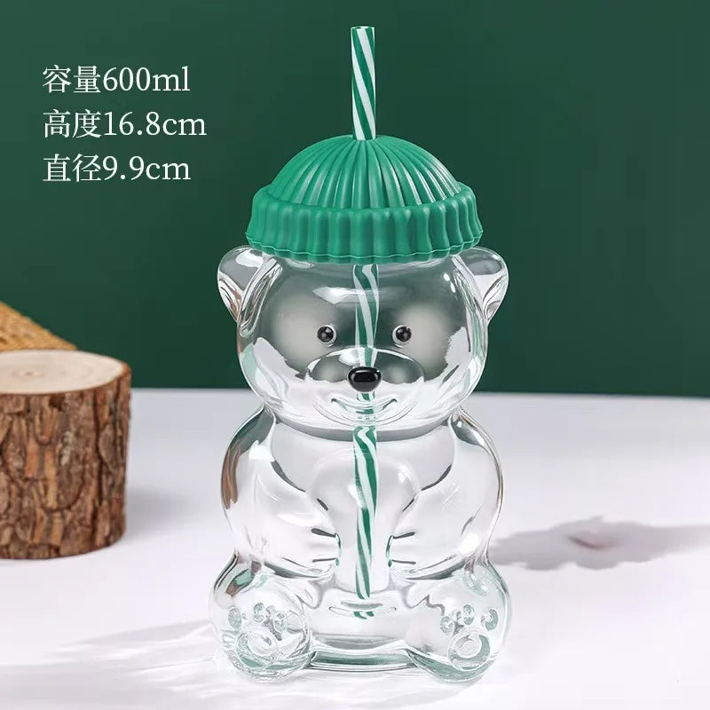 New Year Decor Bear Shape Christmas Gift Glass Cup With Straw Coffee Mug Cute Cartoon Creative Glass Juice Cup Tea Cup Drinkware