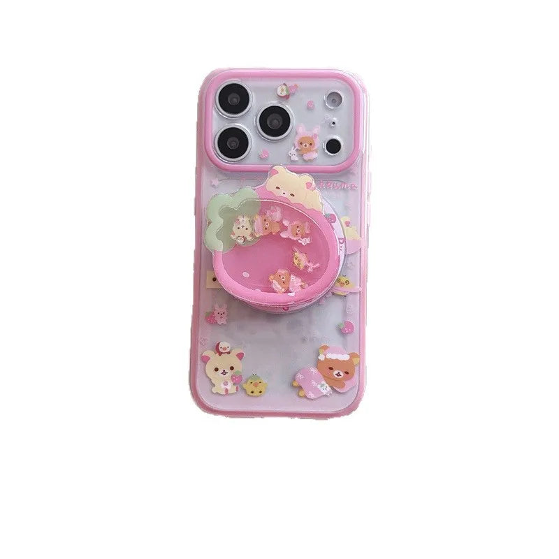 Rilakkuma Cute Magnetic Phone Case Strawberry Bear Shaky Magnetic Stand Double Layer For Iphone 15 Pro 16 Pro 17 Pro Max Pink