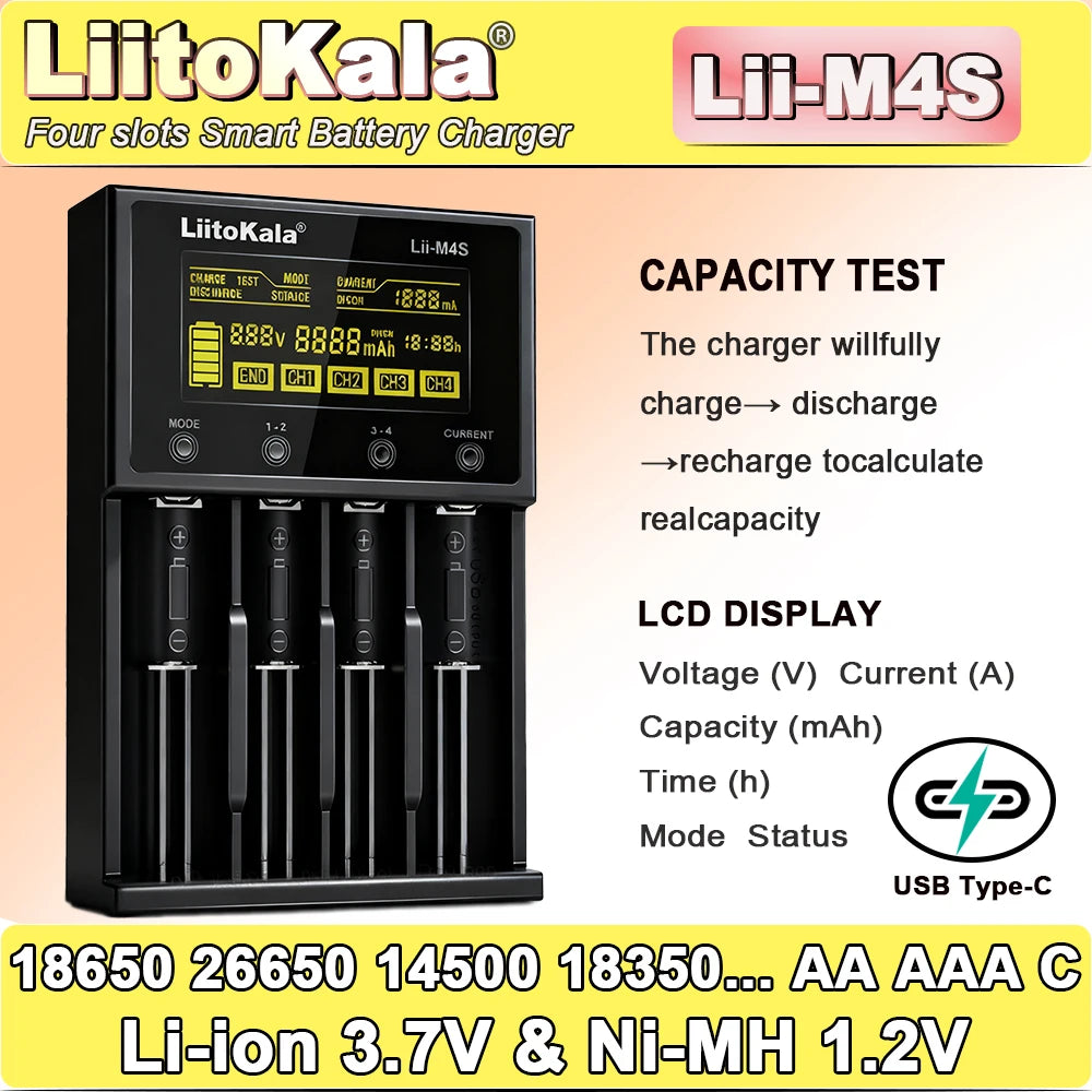LiitoKala Lii-M4S Touch Charger (4 Slots)-300-1000mA LCD Capacity Tester W/ Storage Mode & USB Power Bank for 21700/26650/18650