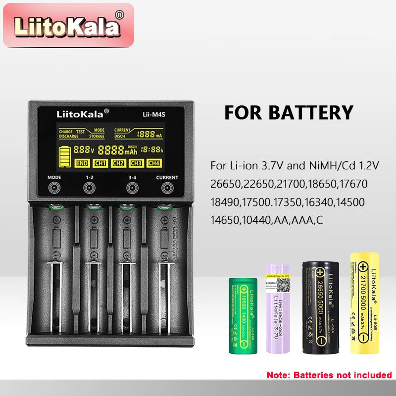 LiitoKala Lii-M4S Touch Charger (4 Slots)-300-1000mA LCD Capacity Tester W/ Storage Mode & USB Power Bank for 21700/26650/18650