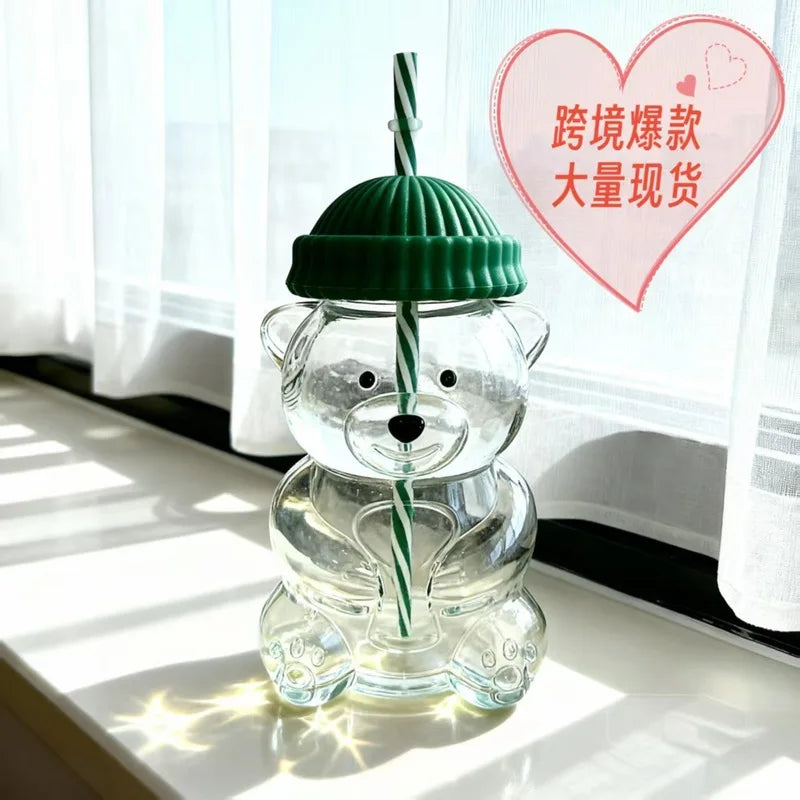 New Year Decor Bear Shape Christmas Gift Glass Cup With Straw Coffee Mug Cute Cartoon Creative Glass Juice Cup Tea Cup Drinkware