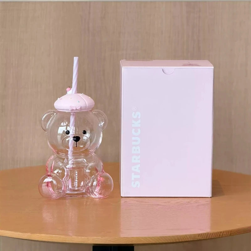 660ml Cute Bear Shaped Starbucks Glass Tumbler, Sweet Dessert Silicone Cover & Pink Straw, Clear Beverage Cup For Daily Use