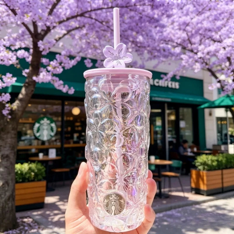 Starbucks 575ml Iridescent Sakura Glass Tumbler, Embossed Texture, Pink Lid & Cherry Blossom Straw Topper Starbucks Cup