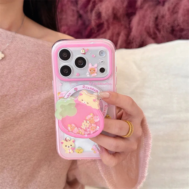 Rilakkuma Cute Magnetic Phone Case Strawberry Bear Shaky Magnetic Stand Double Layer For Iphone 15 Pro 16 Pro 17 Pro Max Pink