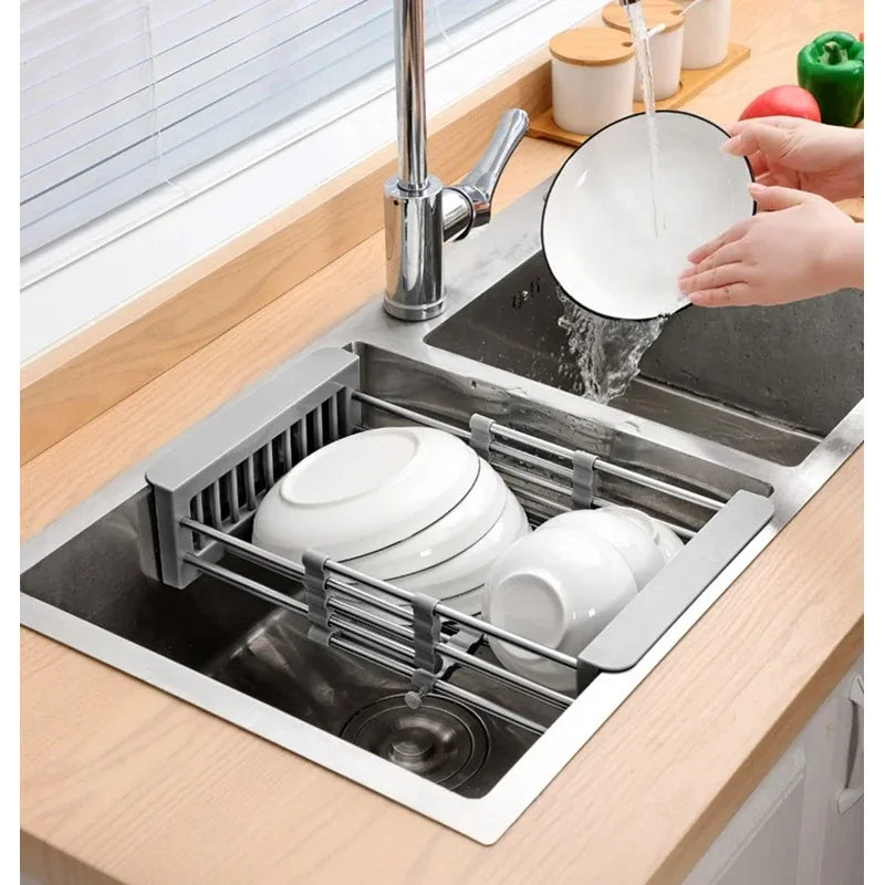 Stainless Steel Retractable Sink Drain Rack, Kitchen Dish Fruit Vegetable Washing Drain Storage Holder