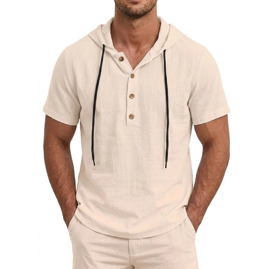 Summer Mens Linen Hooded Shirts for Men Lightweight Short Sleeve Casual T-Shirts Button Cotton Hoodie Hawaiian T Shirts for Men