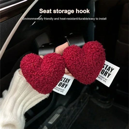 2 Plush Heart-Shaped Car Hooks - Durable and Cute Seat Back Hooks for Bags and Clothes. Easy to Install. Perfect Car Accessories