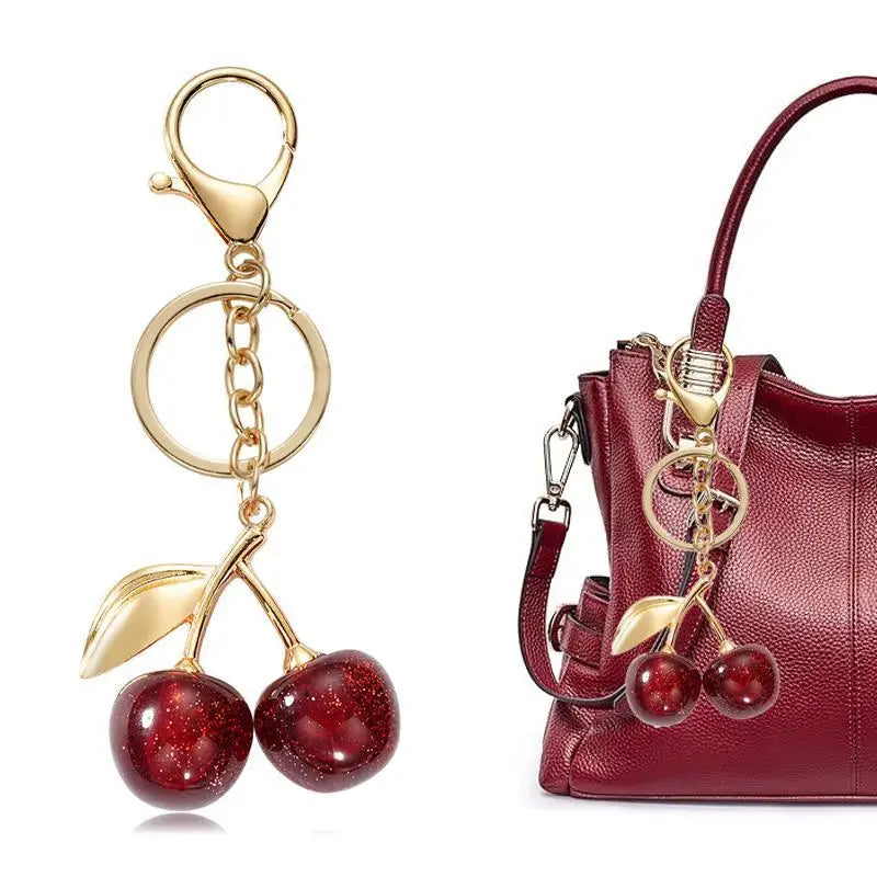 Glitter Resin Cherry Keychain, Golden Hardware Bag Charm, Elegant Retro Fruit Pendant for Handbag and Car Key Decoration