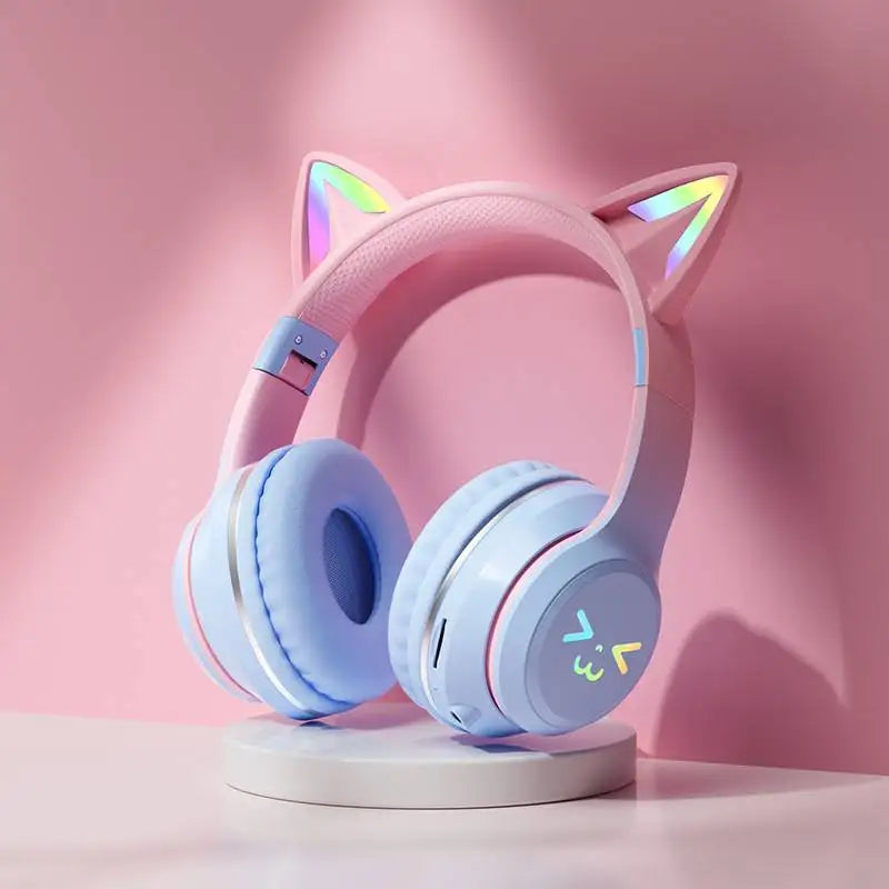 Gradient wireless Headphones RGB cute cat ear Bluetooth Earphones with microphone Stereo Music Game Earphone Girls Kids Gifts