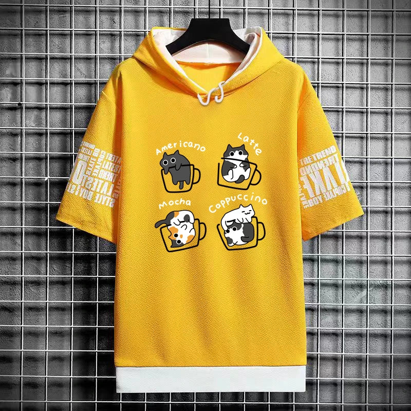 Harajuku Men's T-Shirt Hoodie Women Cartoon Cat Print Graphics T-Shirt Streetwear Funny Shirt Korean Fashion Short Sleeve Tops