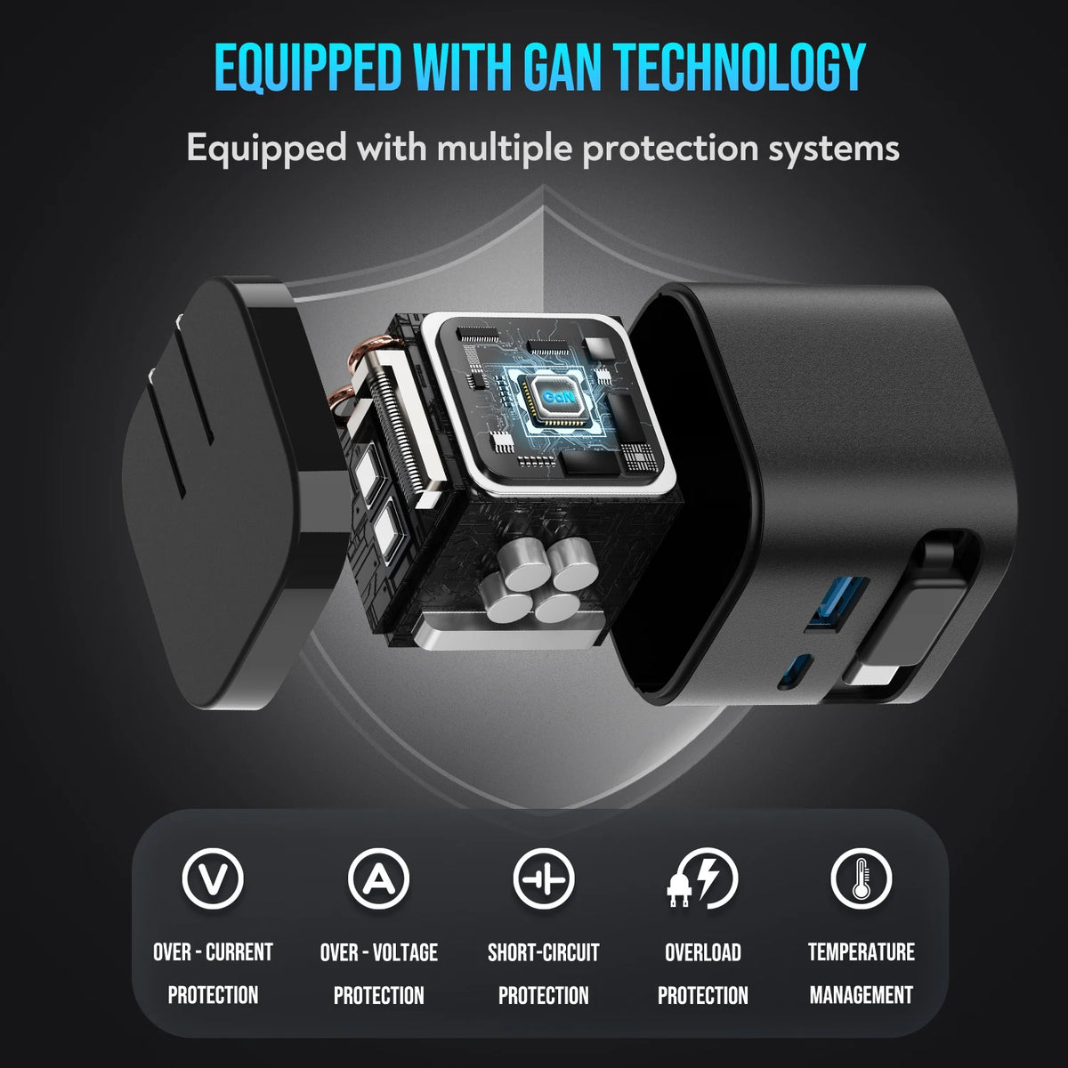 65W GaN Fast Charger with Retractable Cable, Foldable Plug, Quick Charging Block, for iPhone , Samsung , iPad, Android Phones