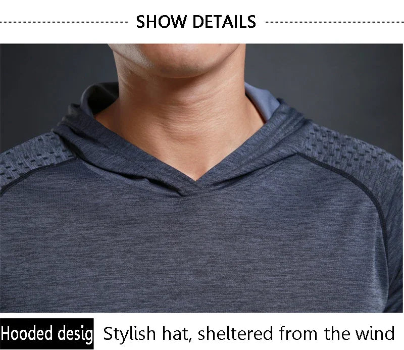 Men Elastic Hooded T Shirt Breathable Casual Gym T-Shirt Man Long Sleeve Running Tops Quick Dry Fitness T-Shirts Male Clothes