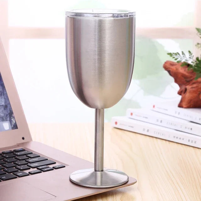 10oz Goblet Wine Cup With Seal Lid Double Wall Stainless Steel Tumbler Champagne Layer Cocktail Mug For Christmas Party