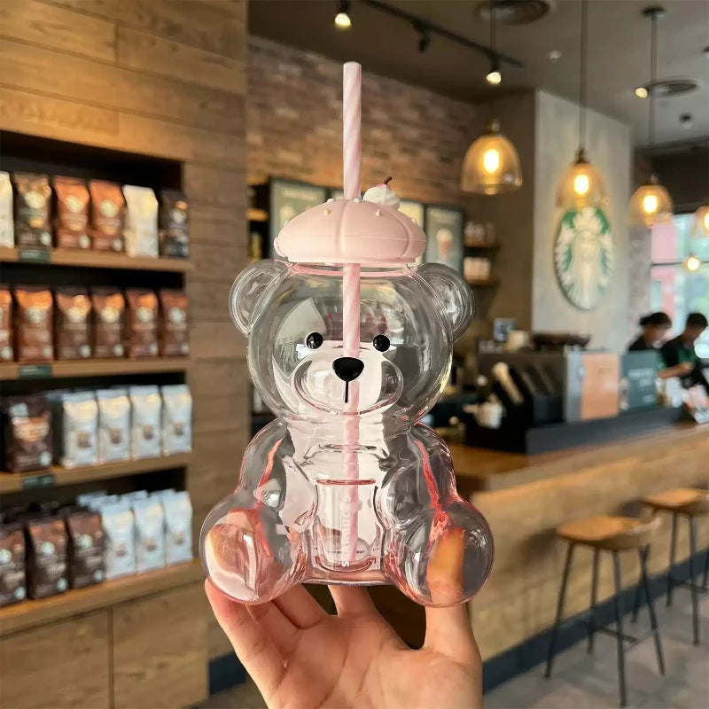 660ml Cute Bear Shaped Starbucks Glass Tumbler, Sweet Dessert Silicone Cover & Pink Straw, Clear Beverage Cup For Daily Use