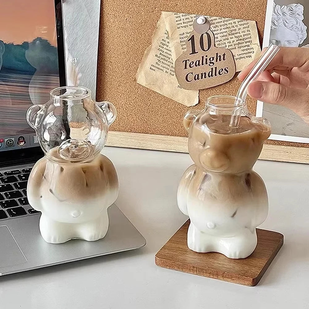 Cartoon Bear Shaped Coffee Mug Cute Bear Mug Glass Cup With Straw Transparent Creative Milk Coffee Water Cups
