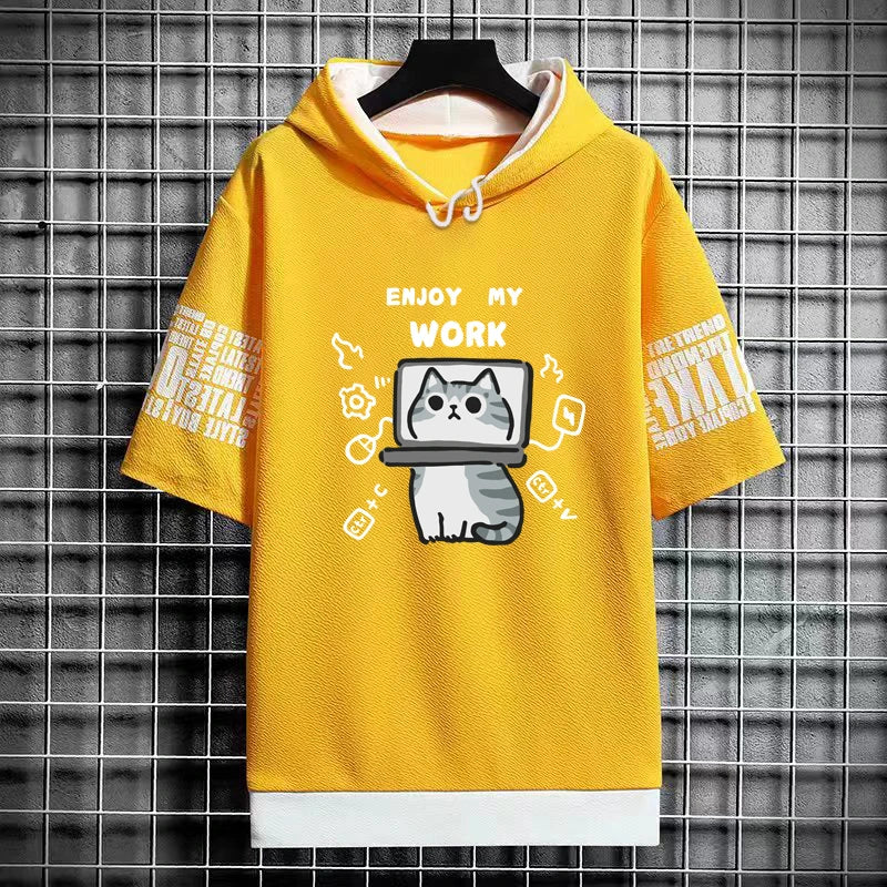 Harajuku Men's T-Shirt Hoodie Women Cartoon Cat Print Graphics T-Shirt Streetwear Funny Shirt Korean Fashion Short Sleeve Tops