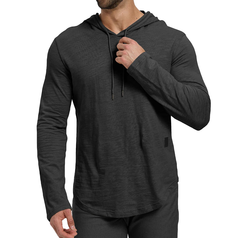 Men's Solid Color Long Sleeve T-shirt Hooded Design Fashion Breathable Tees Lightweight Drawstring Cozy Cotton Tops