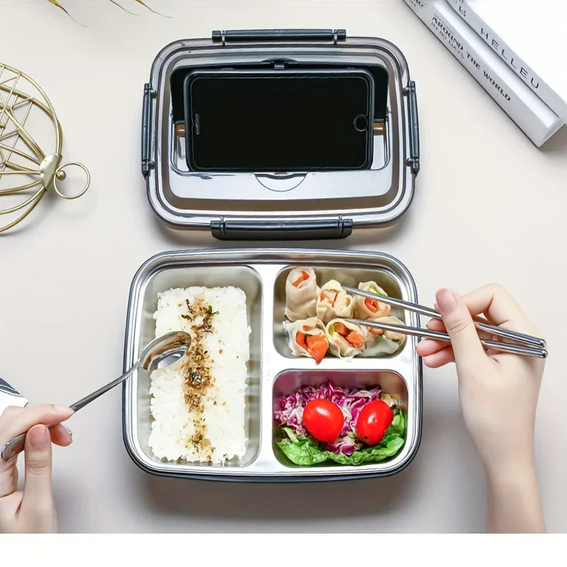 Easy-Clean Bento Container For Students & Office Workers,Leak-Proof Stainless Steel Lunch Box With 3/4 Compartments - Durable