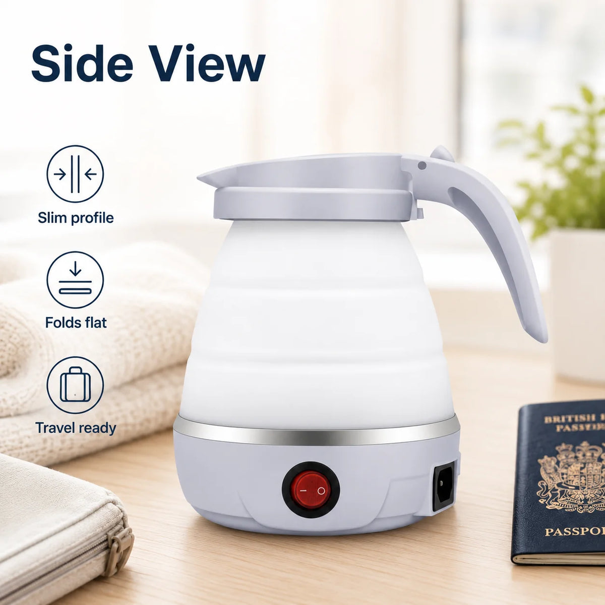 600ml Collapsible Electric Travel Kettle – Foldable, for Camping and Caravanning, with Silicone Handle