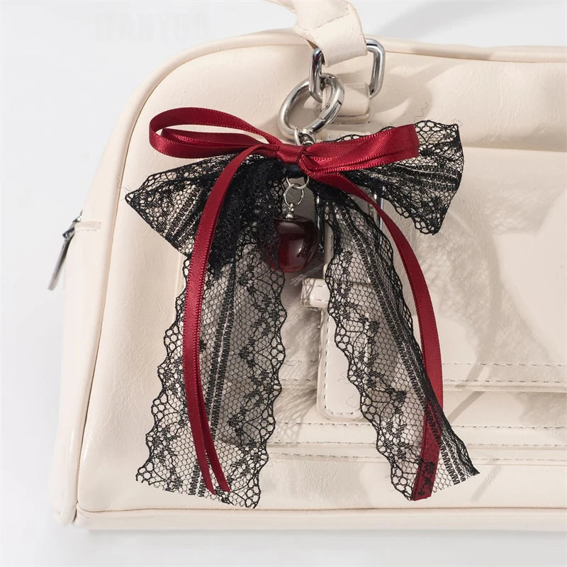 Lace bow Keychain Hollow Red Ribbon Cherry Pendant Women Handbag and Backpack Key Chain Exquisite Ornament Holiday Gift Decor