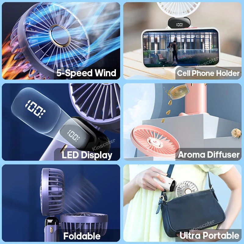 USB Handheld Mini Fan Foldable Portable Neck Hanging Fans 5 Speed USB Rechargeable Fan