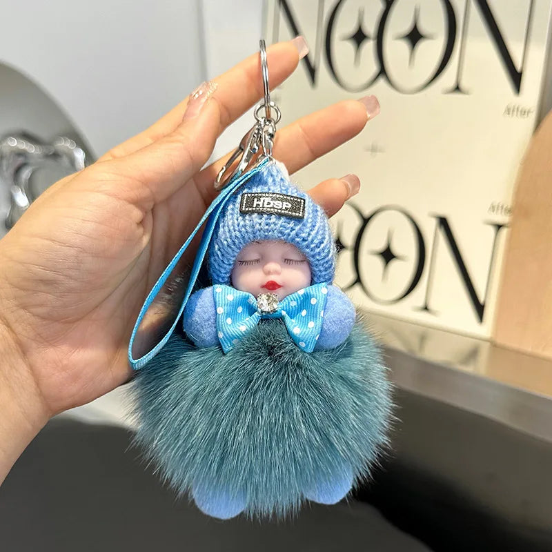 Pompom Sleeping Doll Keychain Cute Fluffy Plush Doll Keychains Women Girl Bags Keyrings Cars Key Ring  Gift Charming  Decoration