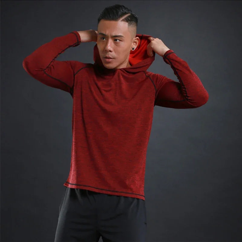 Men Elastic Hooded T Shirt Breathable Casual Gym T-Shirt Man Long Sleeve Running Tops Quick Dry Fitness T-Shirts Male Clothes