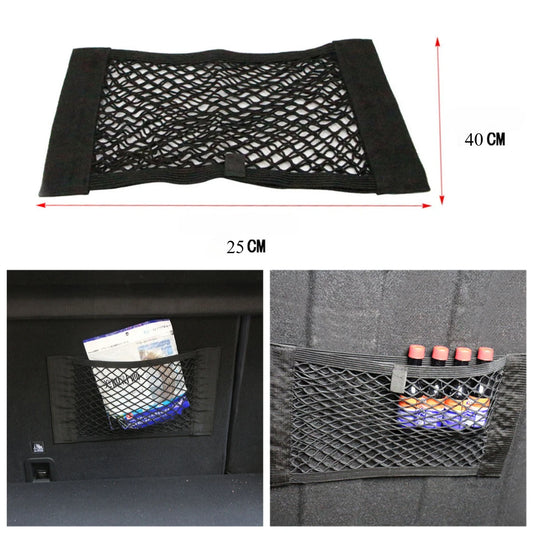 Car Universal Storage Bag Back Rear Mesh Trunk Seat Elastic String Net Magic Sticker Pocket Cage Auto Organizer Seat Back Bag