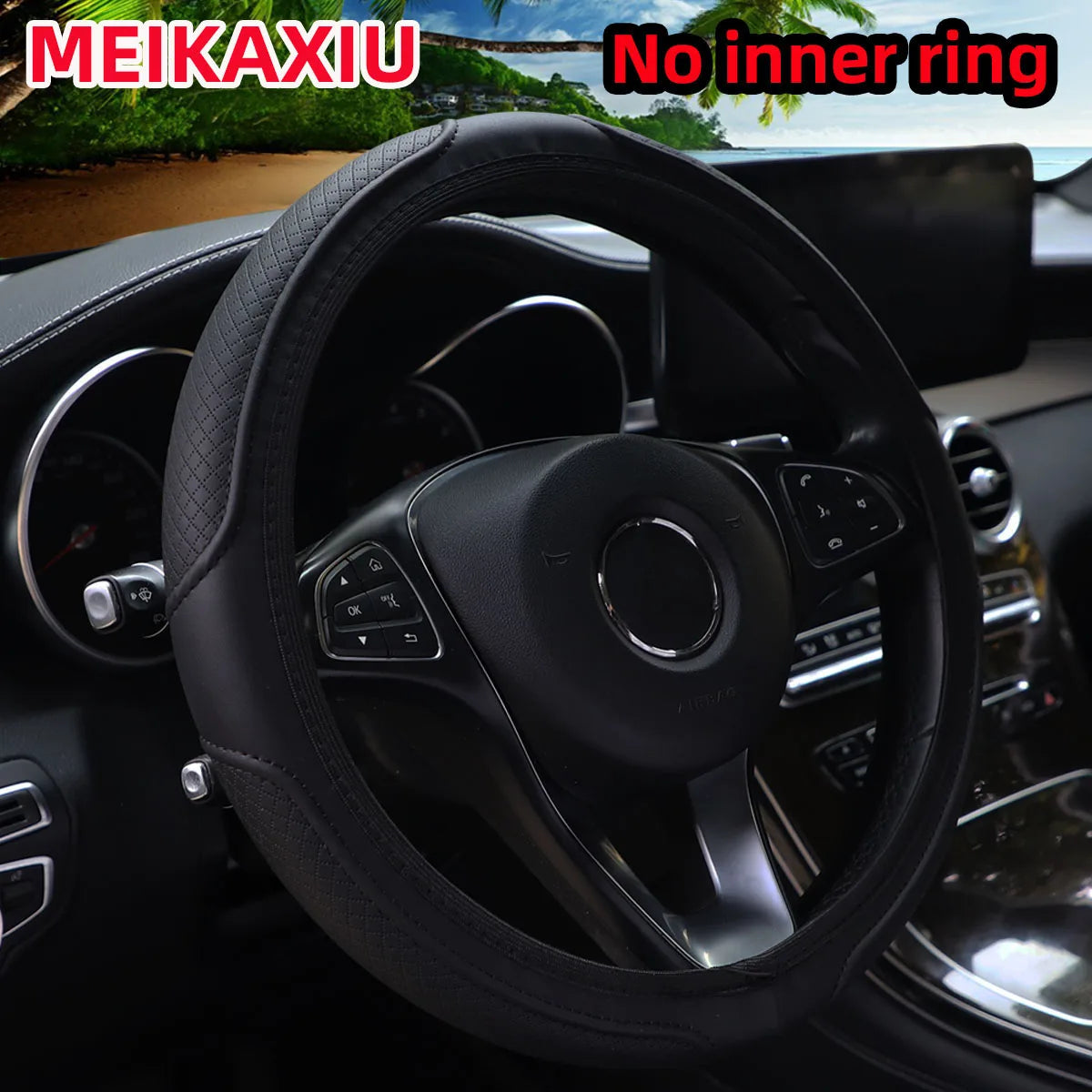 PU Leather Embossed Steering Wheel Cover 14.5-15 Inch round Rimless Design for All Seasons Men Women Cars