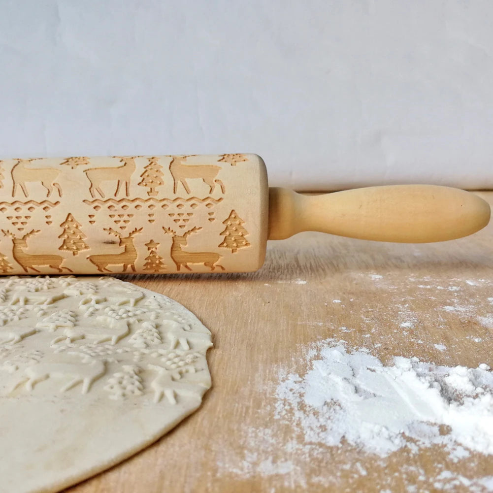 Christmas Snowflake Elk Wooden Rolling Pin Dough Engraved Roller DIY Supplies