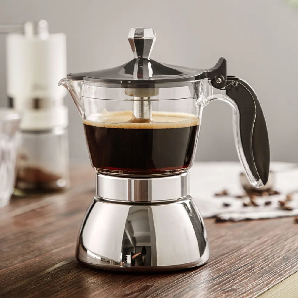 4/6 Cups Visible Moka Pot Transparent Pot Body Universal Coffee Maker Pot Stainless Steel Espresso Italian Coffee Machine