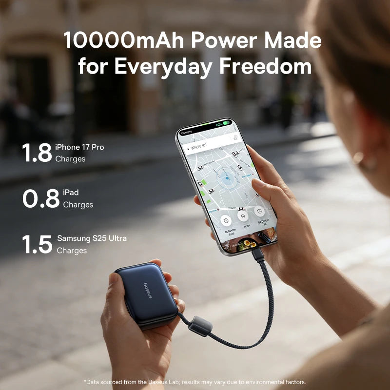 Baseus 45W Mini Power Bank 10000mAh Built-In USB-C Cable Pocket-Sized Smaller Fast Charging Portable For iPhone 17 Samsung S25