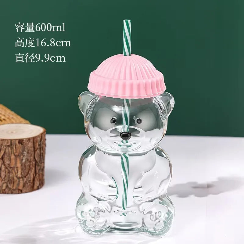 New Year Decor Bear Shape Christmas Gift Glass Cup With Straw Coffee Mug Cute Cartoon Creative Glass Juice Cup Tea Cup Drinkware