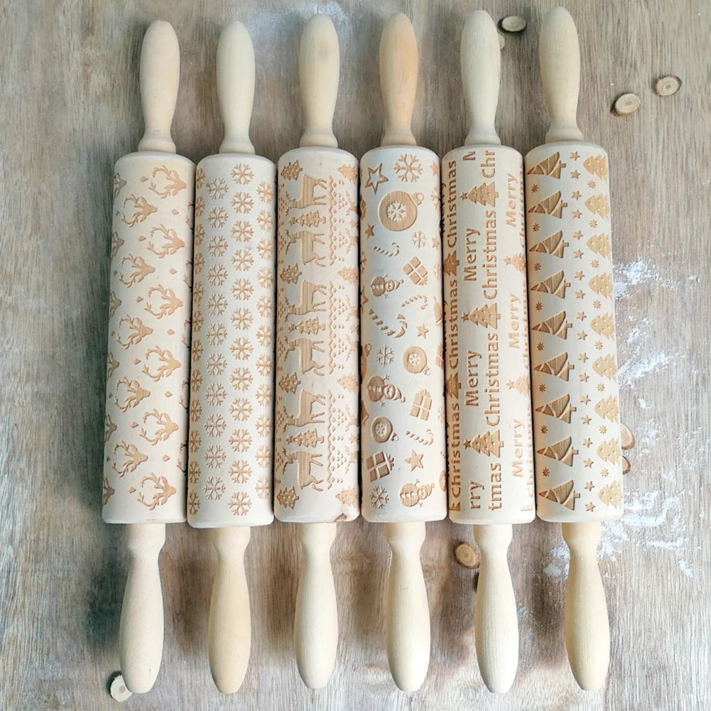Christmas Snowflake Elk Wooden Rolling Pin Dough Engraved Roller DIY Supplies