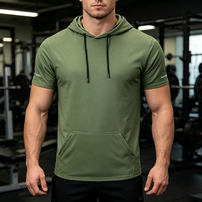 Men Hooded T Shirt Sports Fitness Gym T Shirt Short Sleeve Hoodie Summer Sweatwear Loose Solid Color Lightweight T-shirt