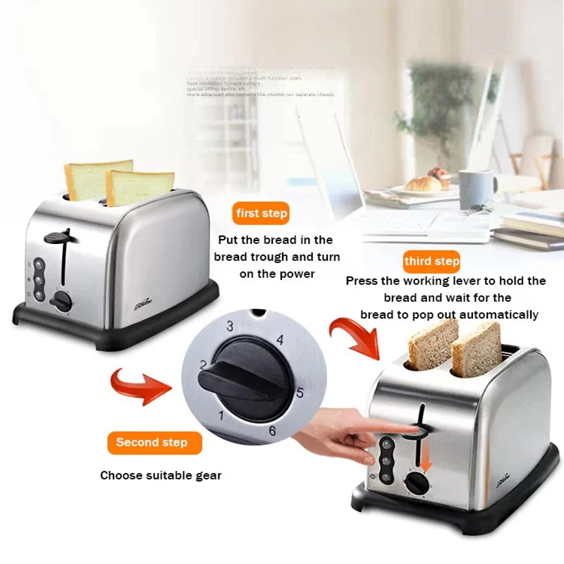 PBOBP Stainless Steel Automatic Electric Toaster Sandwich Maker Bread Baking Machine 2 Slices Slot Grill Oven Breakfast Machine
