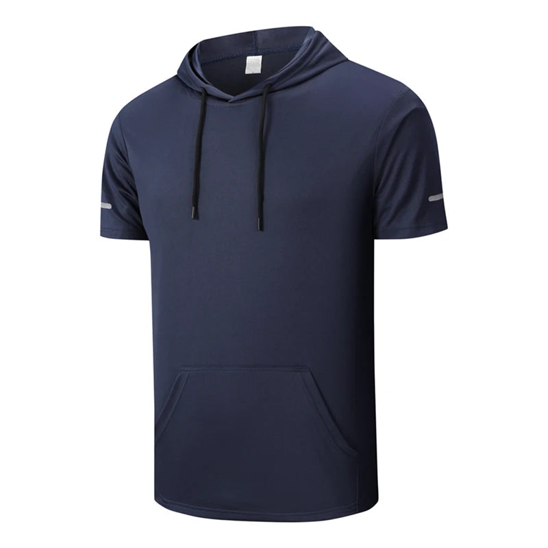 Men Hooded T Shirt Sports Fitness Gym T Shirt Short Sleeve Hoodie Summer Sweatwear Loose Solid Color Lightweight T-shirt