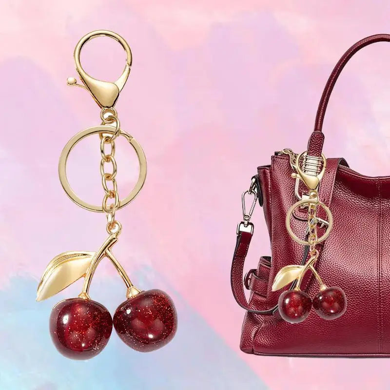 Glitter Resin Cherry Keychain, Golden Hardware Bag Charm, Elegant Retro Fruit Pendant for Handbag and Car Key Decoration