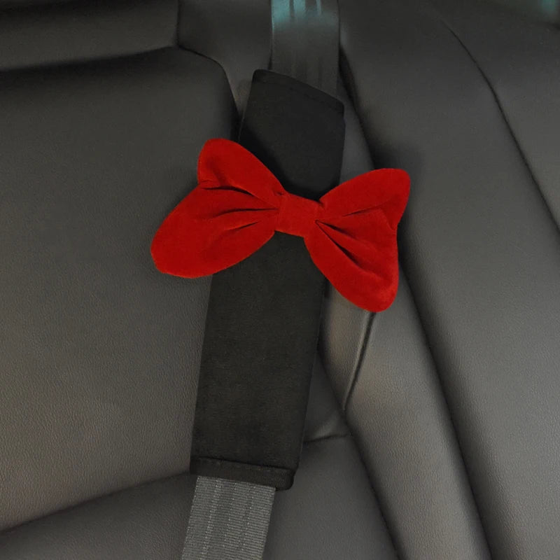 1pc Cute Cartoon Red Bowknot Car Neck Pillow Universal Auto Seat Headrest Support Seatbelt Cover Car Accessories for Women