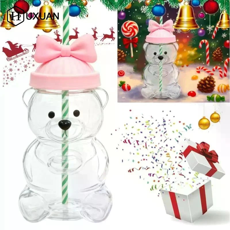 Cartoon Bear Shaped Coffee Mug Cute Bear Mug Plastic Cup With Straw Transparent Creative Milk Coffee Water Cups