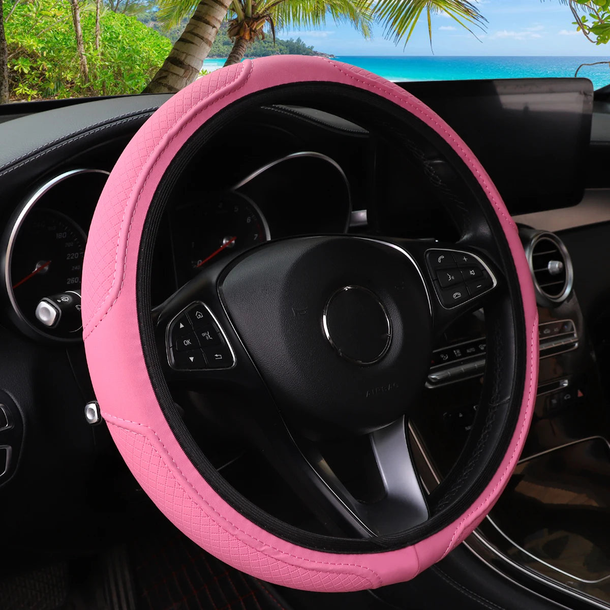 PU Leather Embossed Steering Wheel Cover 14.5-15 Inch round Rimless Design for All Seasons Men Women Cars