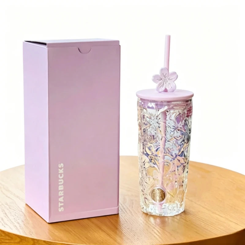 Starbucks 575ml Iridescent Sakura Glass Tumbler, Embossed Texture, Pink Lid & Cherry Blossom Straw Topper Starbucks Cup