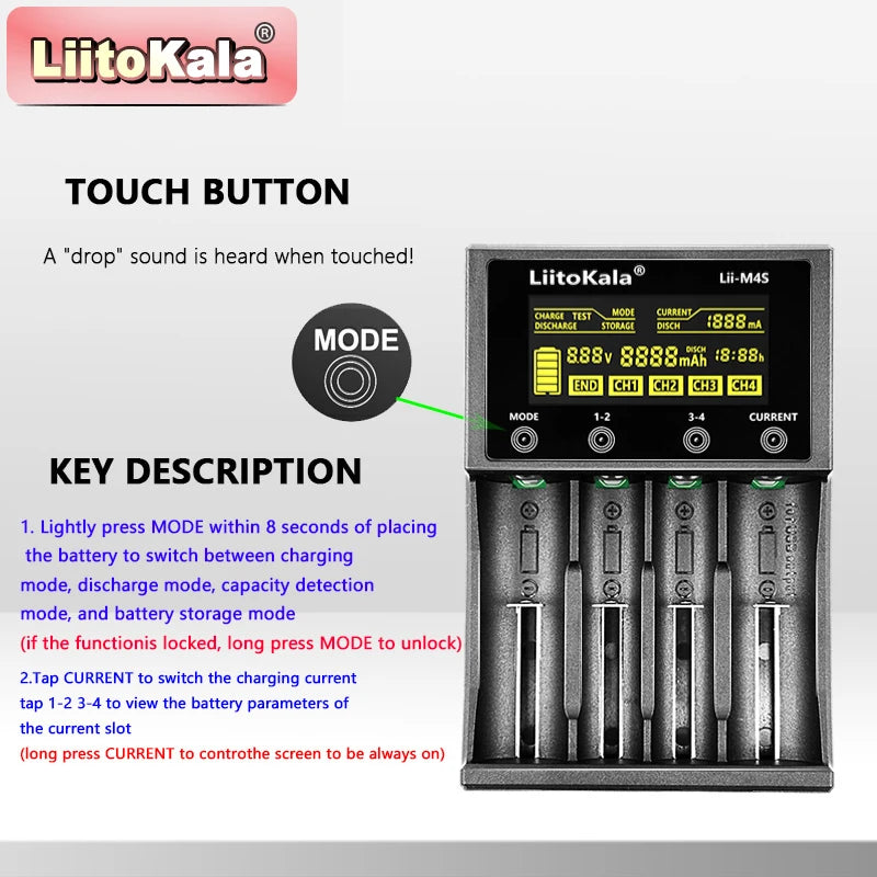 LiitoKala Lii-M4S Touch Charger (4 Slots)-300-1000mA LCD Capacity Tester W/ Storage Mode & USB Power Bank for 21700/26650/18650